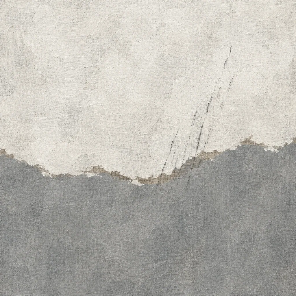 Abstract painting: a chalky bone-white upper mass over ash grey, separated by a torn edge of exposed linen.