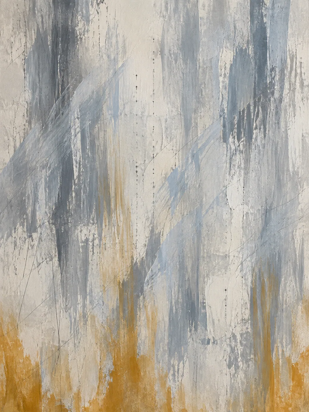 Abstract painting: cool grey and pale blue vertical drags marked with fine graphite lines over a warm off-white ground.