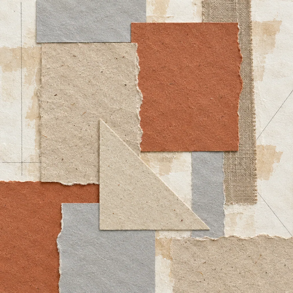 Abstract collage: overlapping cut and torn paper rectangles in oatmeal, grey and terracotta with a linen strip.