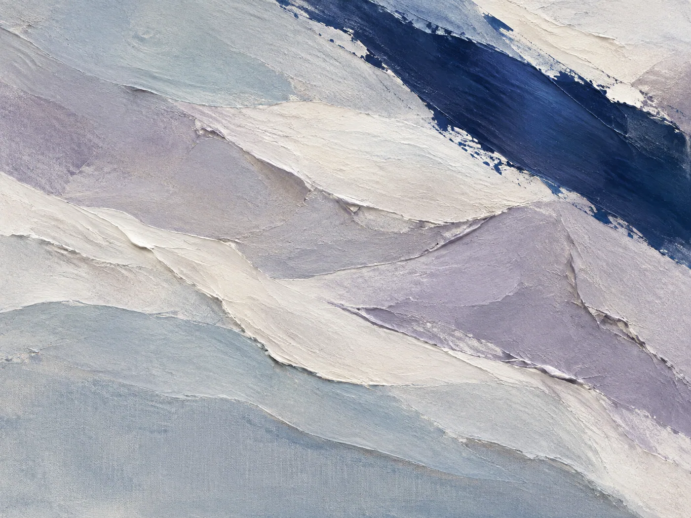 Abstract painting: pale blue-grey, white and lavender bands folding diagonally, crossed by a deep indigo scrape.