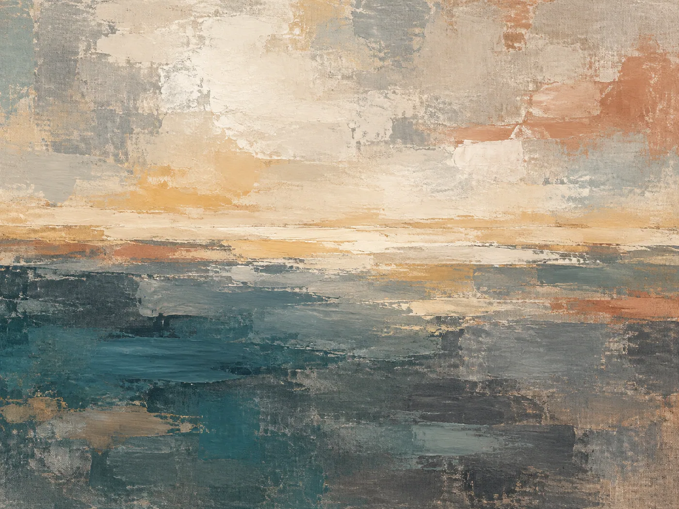 Abstract painting: a warm ochre and cream waterline above a broad graphite-grey and deep teal band.