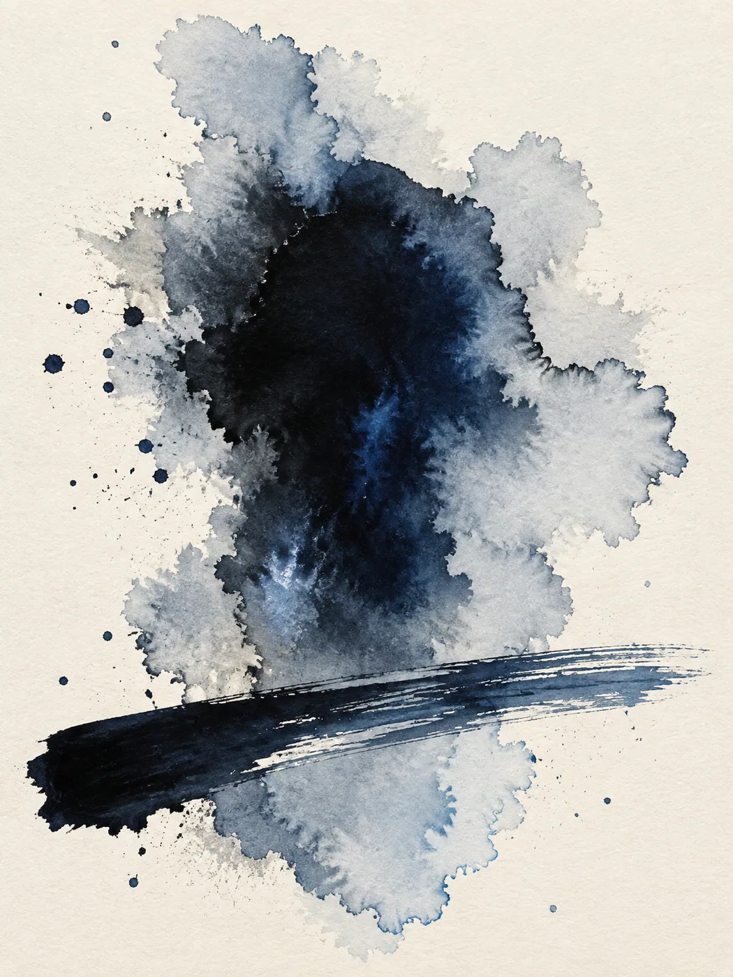 Ink study: a near-black indigo pool bleeding into grey halos on off-white paper, with one broad brush drag below.