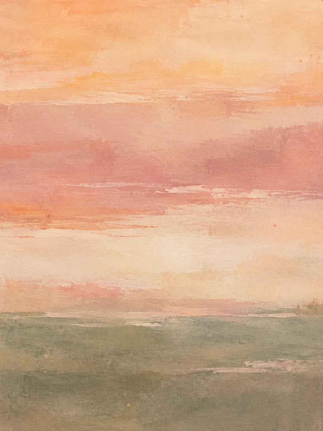 Abstract painting: apricot and dusty-rose bands above a muted olive horizon band.
