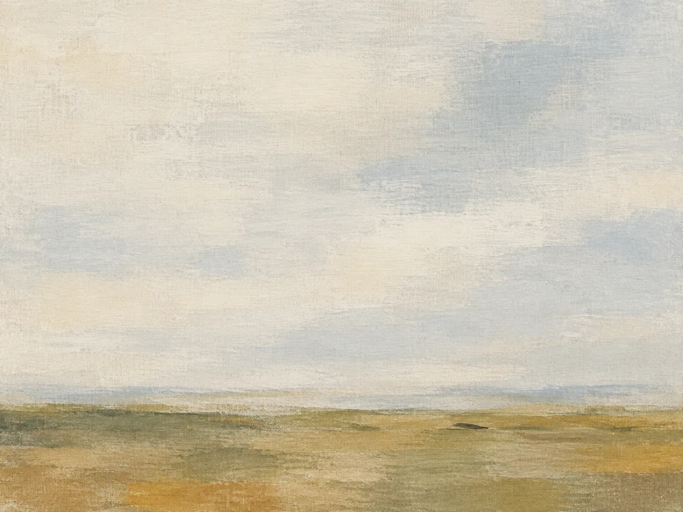 Abstract landscape painting: a pale warm sky above a low horizon band of olive, buff and ochre.