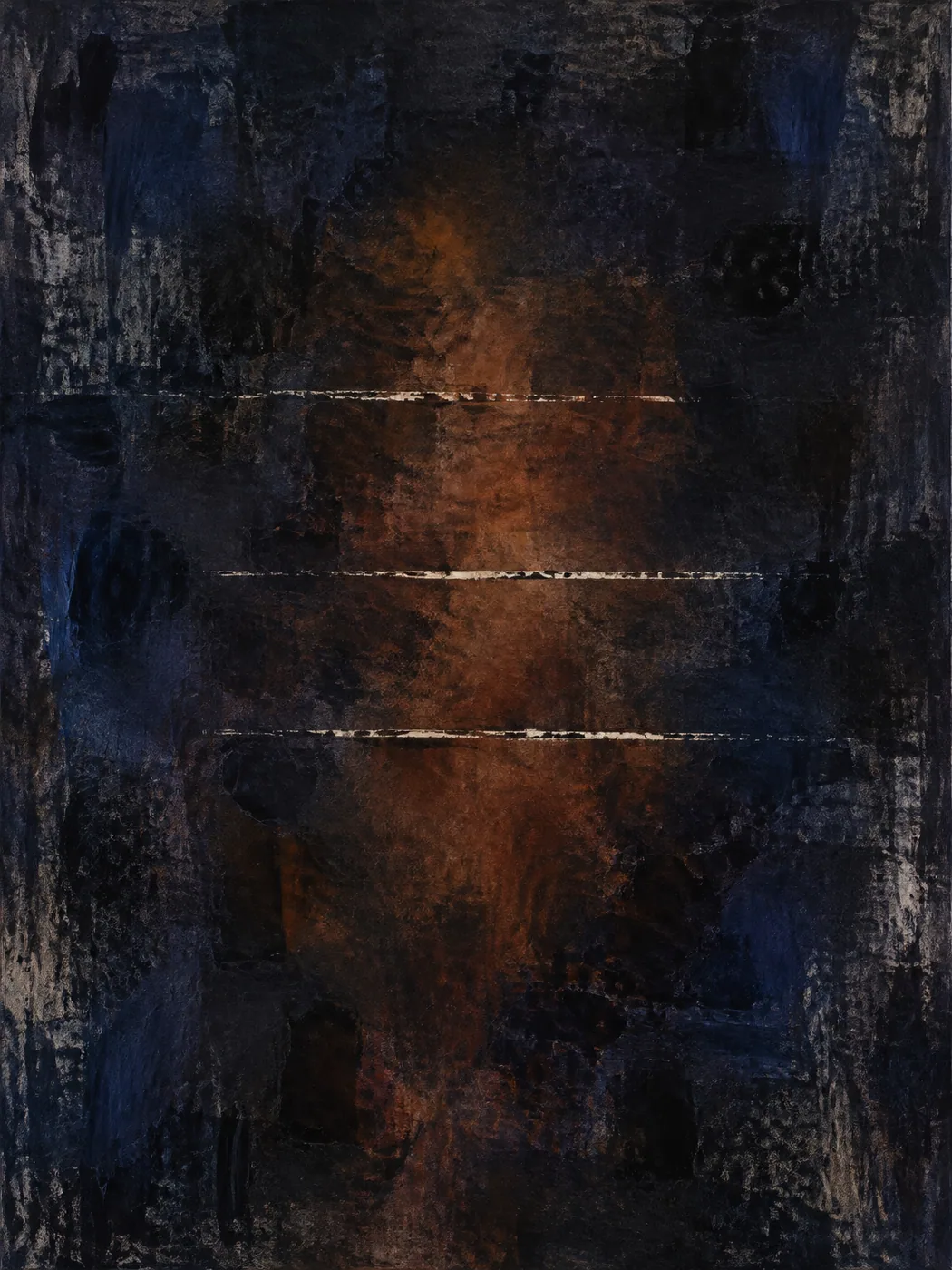 Dark abstract painting: layered indigo and charcoal with a warm sienna glow in the centre and faint pale scratches.