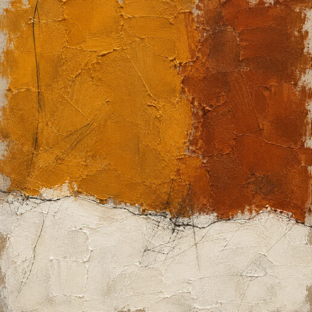Abstract painting: a large ochre and sienna block meeting a chalky bone-white zone across a scratched seam.