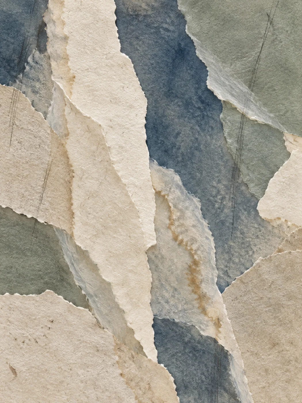 Abstract collage: overlapping torn strips of oatmeal and off-white paper over a washed indigo and sage ground.