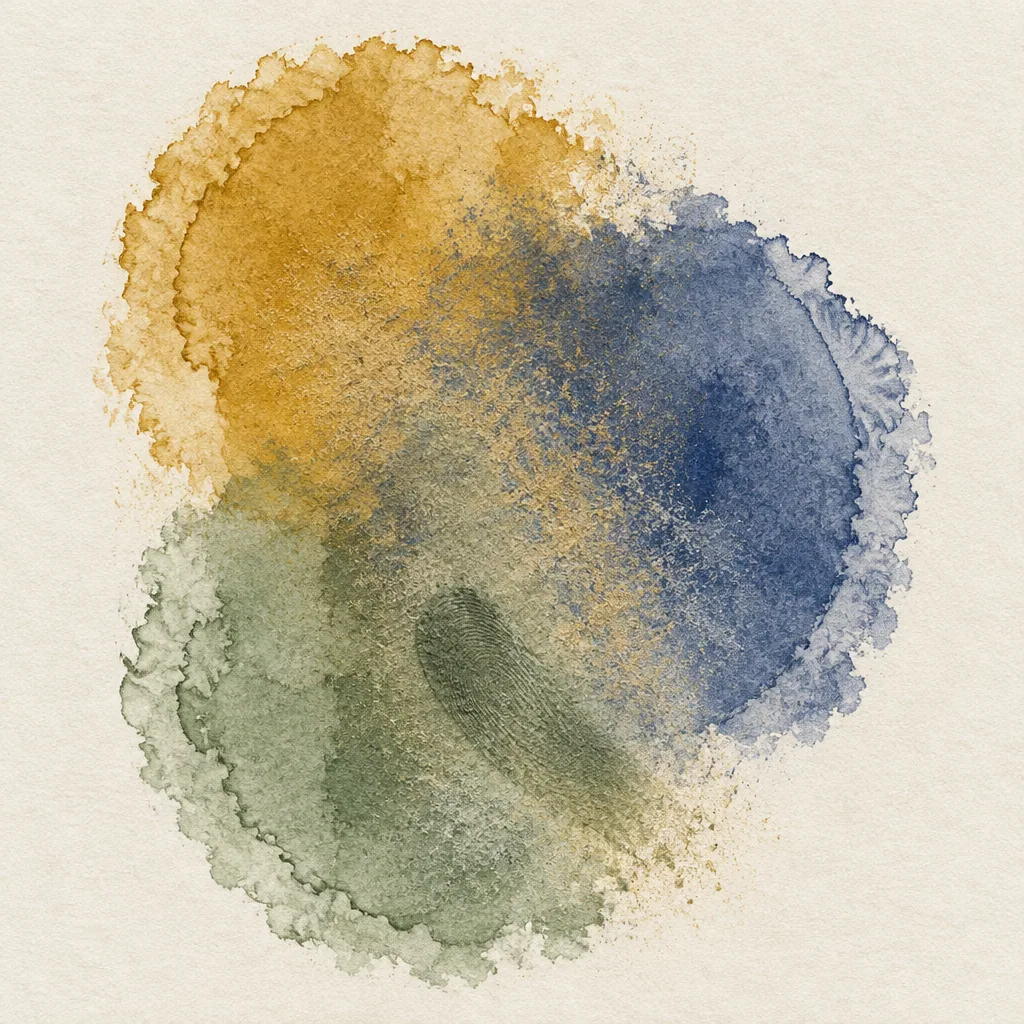 Pigment study: overlapping ochre, indigo and sage washes with granulated edges on off-white paper.