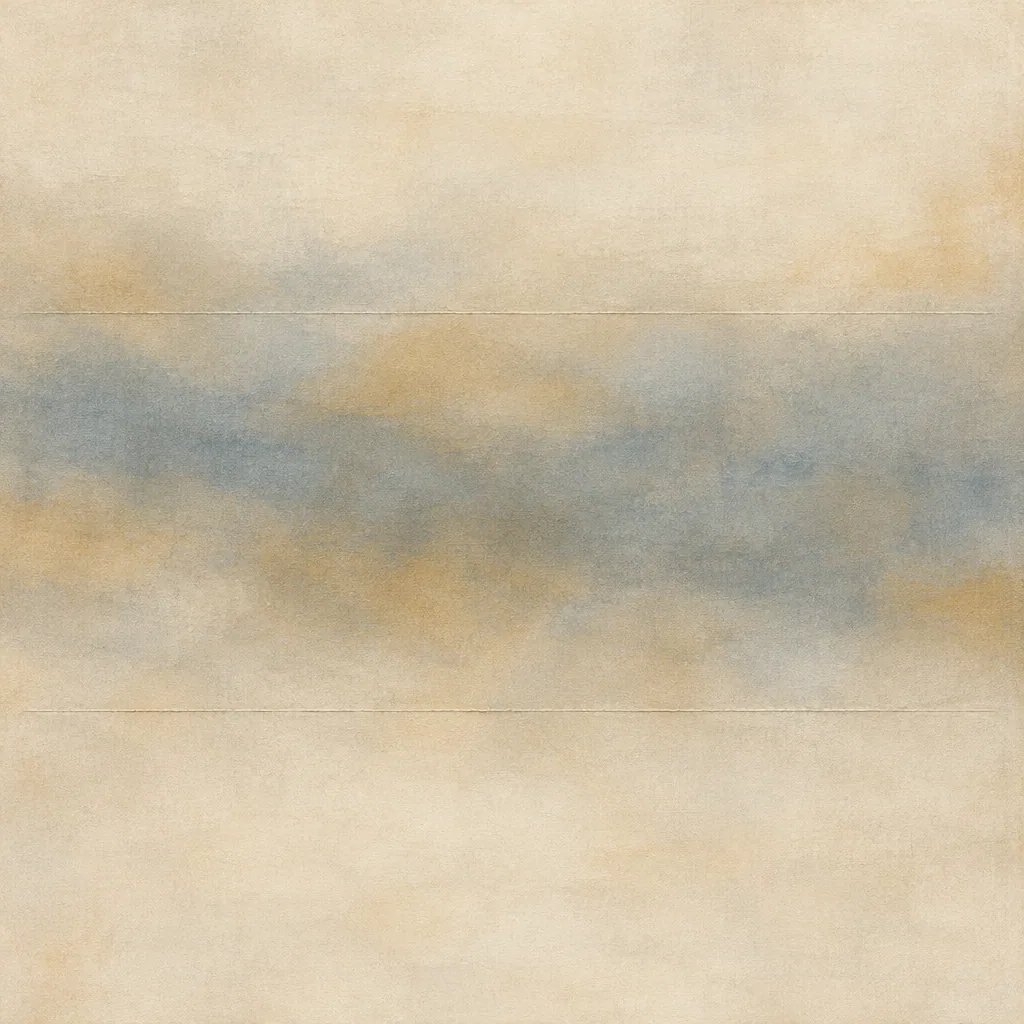 Abstract painting: a hazy blue-grey and ochre band floating over a warm off-white and sand ground.