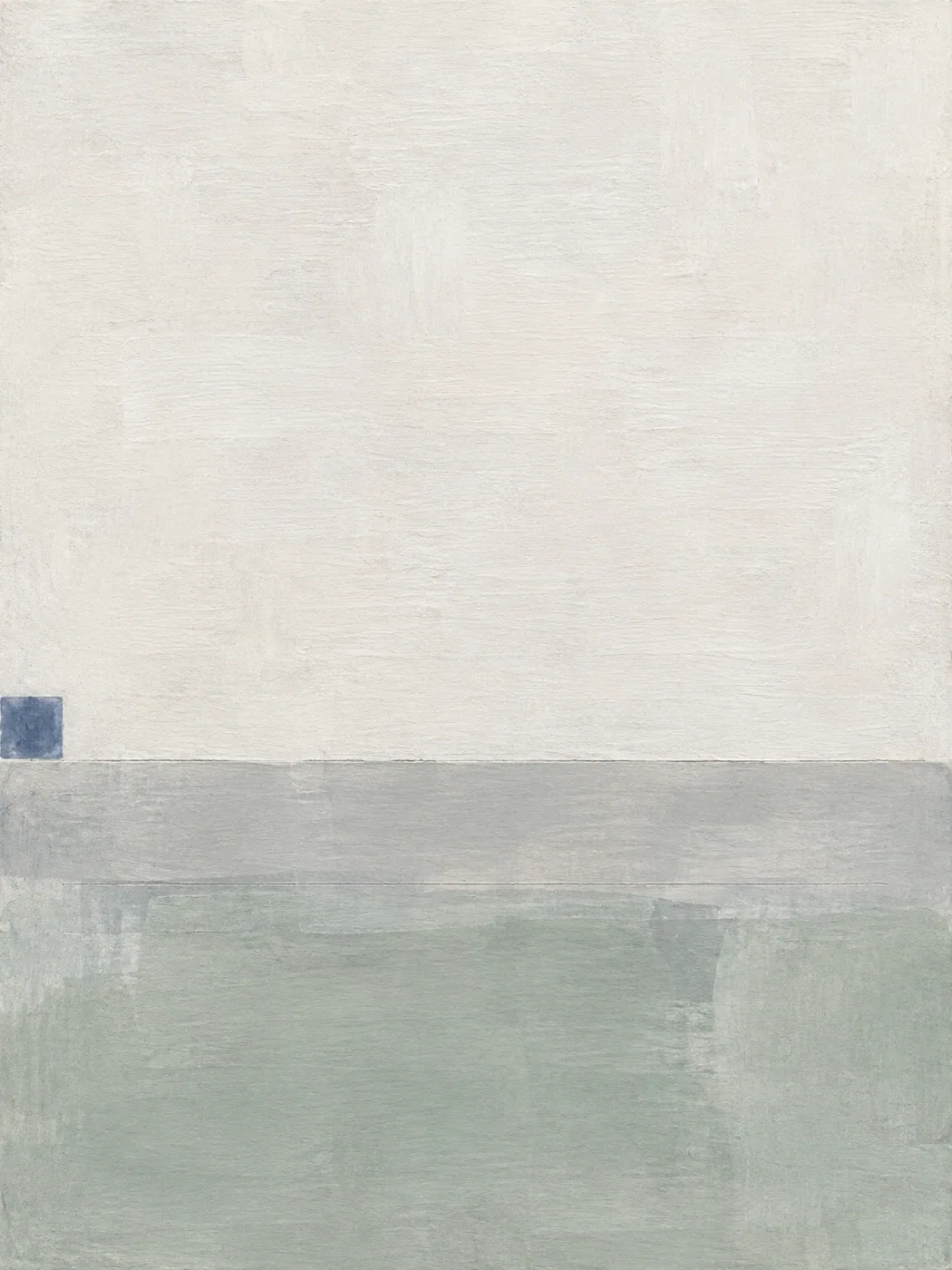Minimal abstract painting: a large bone-white field above a soft salt-grey and pale green band, with a small indigo square at the left.