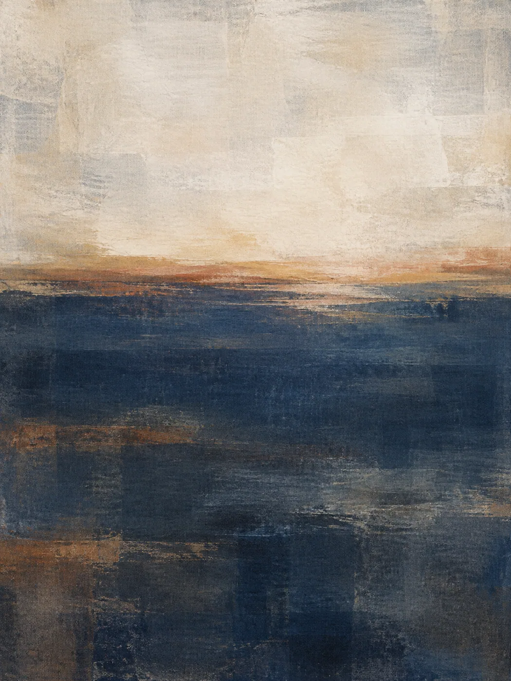 Abstract painting: a pale bone-white mist above a deep indigo field, with a thin ochre haze along the horizon.