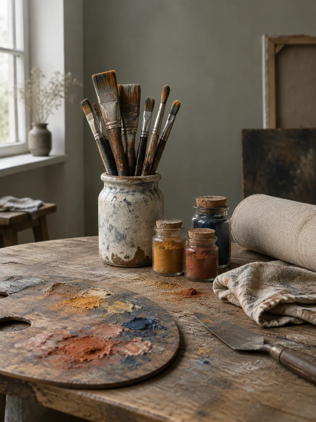 Studio bench in daylight: a worn wooden palette smeared with ochre, terracotta and indigo, used brushes in a chipped ceramic jar, small glass jars of dry pigment and a roll of raw linen.