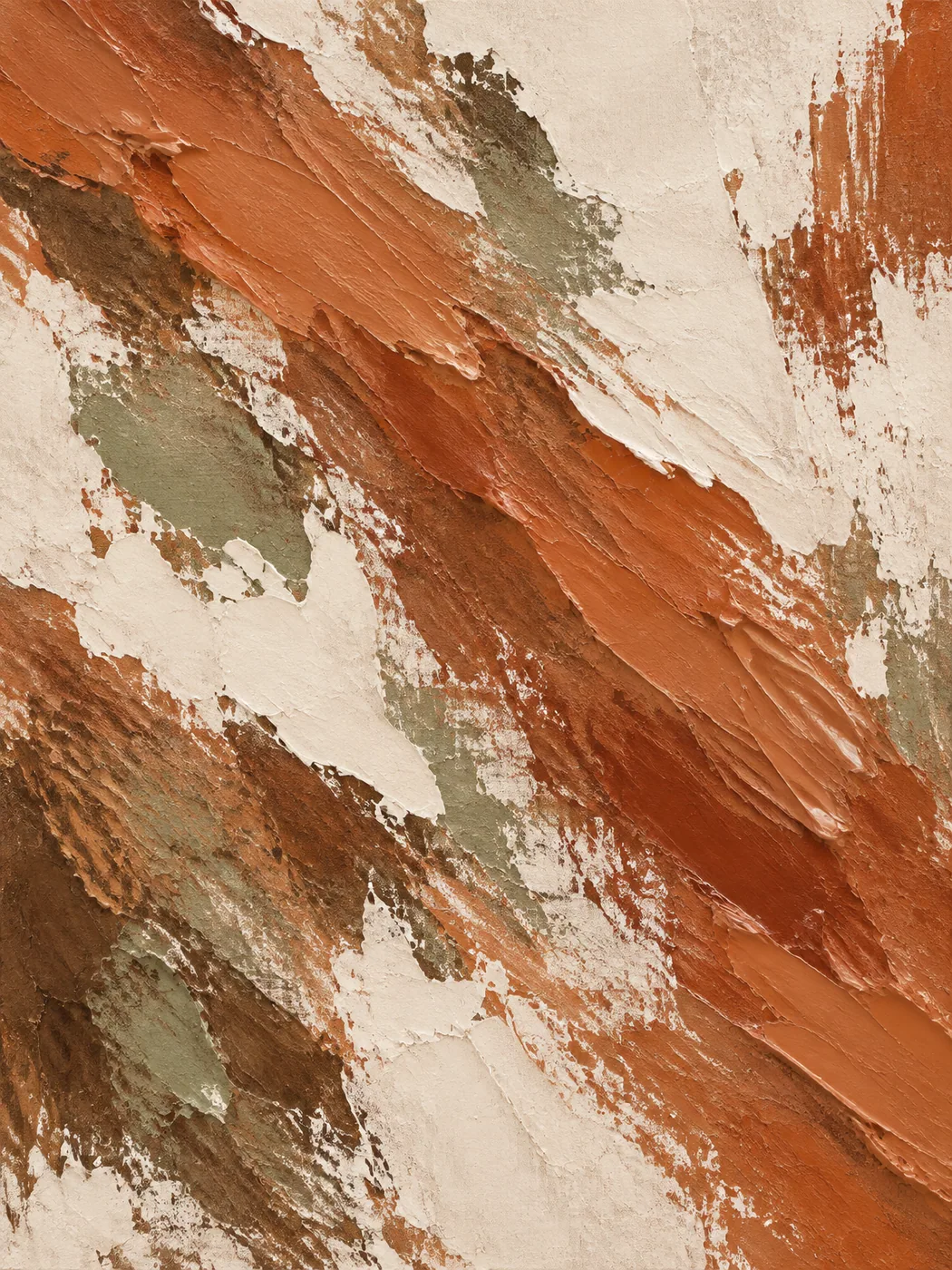 Abstract painting: diagonal terracotta and rust knife strokes across a bone-white ground with sage and umber showing through.
