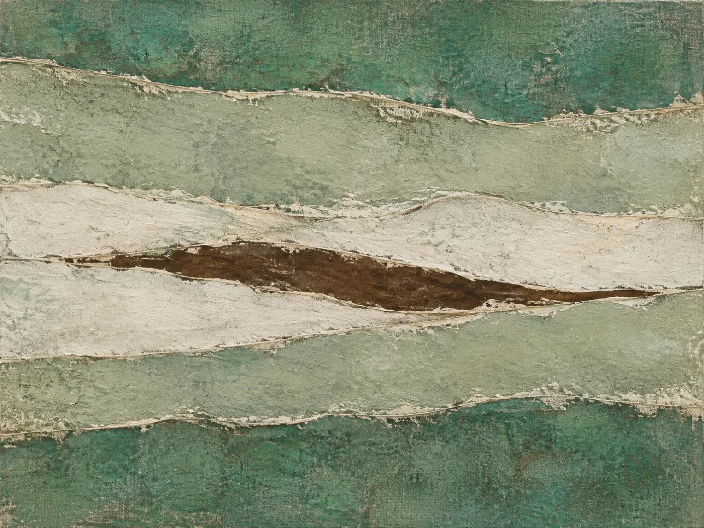 Abstract painting: stacked horizontal strata of verdigris green, sage and bone white with a dark umber wedge in the middle.