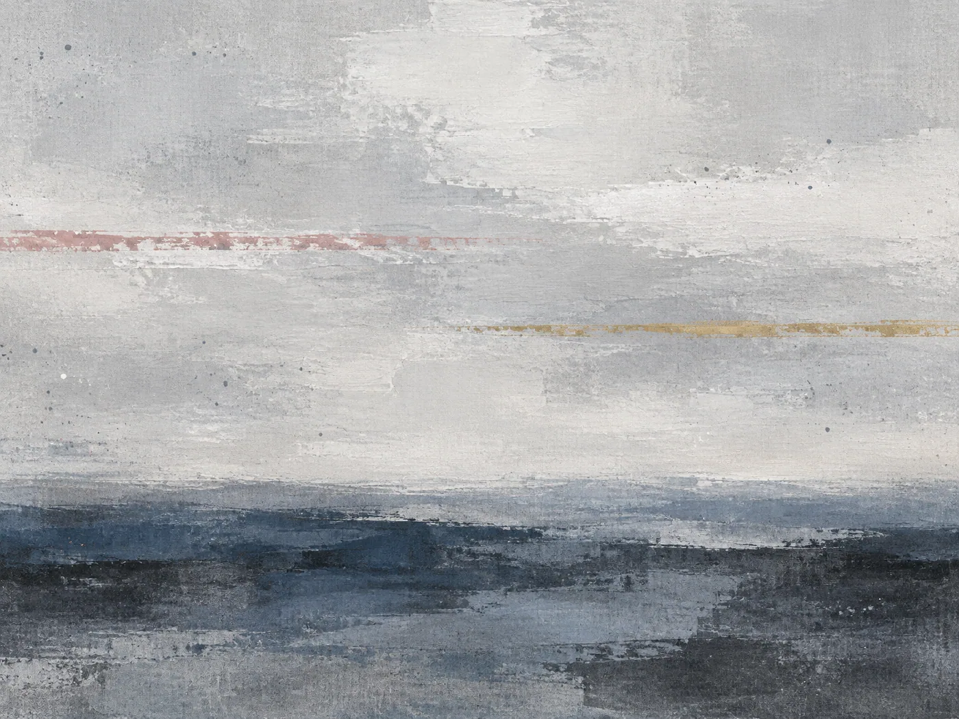 Abstract landscape painting: pearl-grey and bone-white sky above a low slate-blue band, cut by thin rose and gold scrapes.